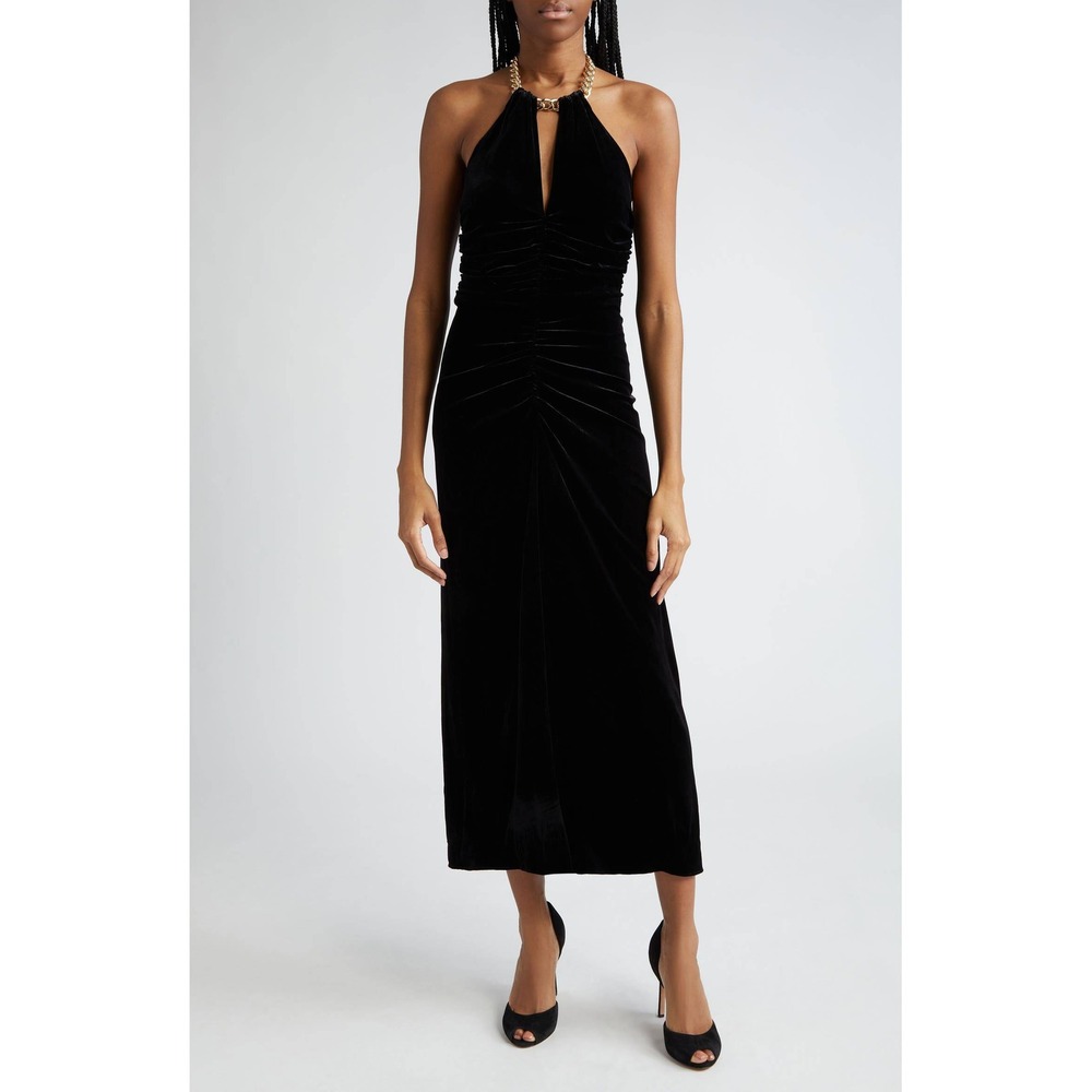 Veronica Beard Josette Halter Dress Black Velvet Maxi Dress Ruched NWT